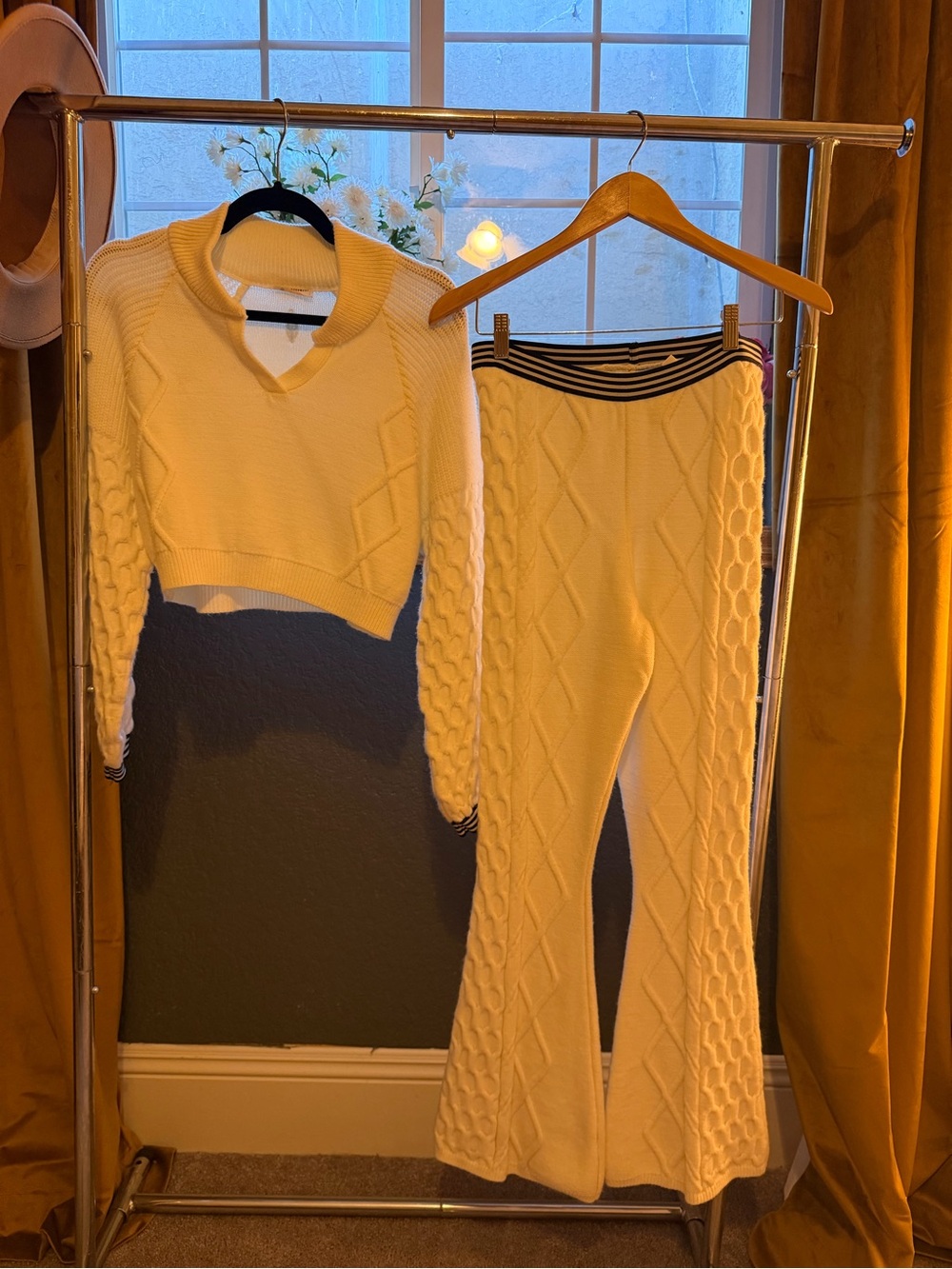 Free People Cream Cable Knit Sweater & Bootcut Pants Set